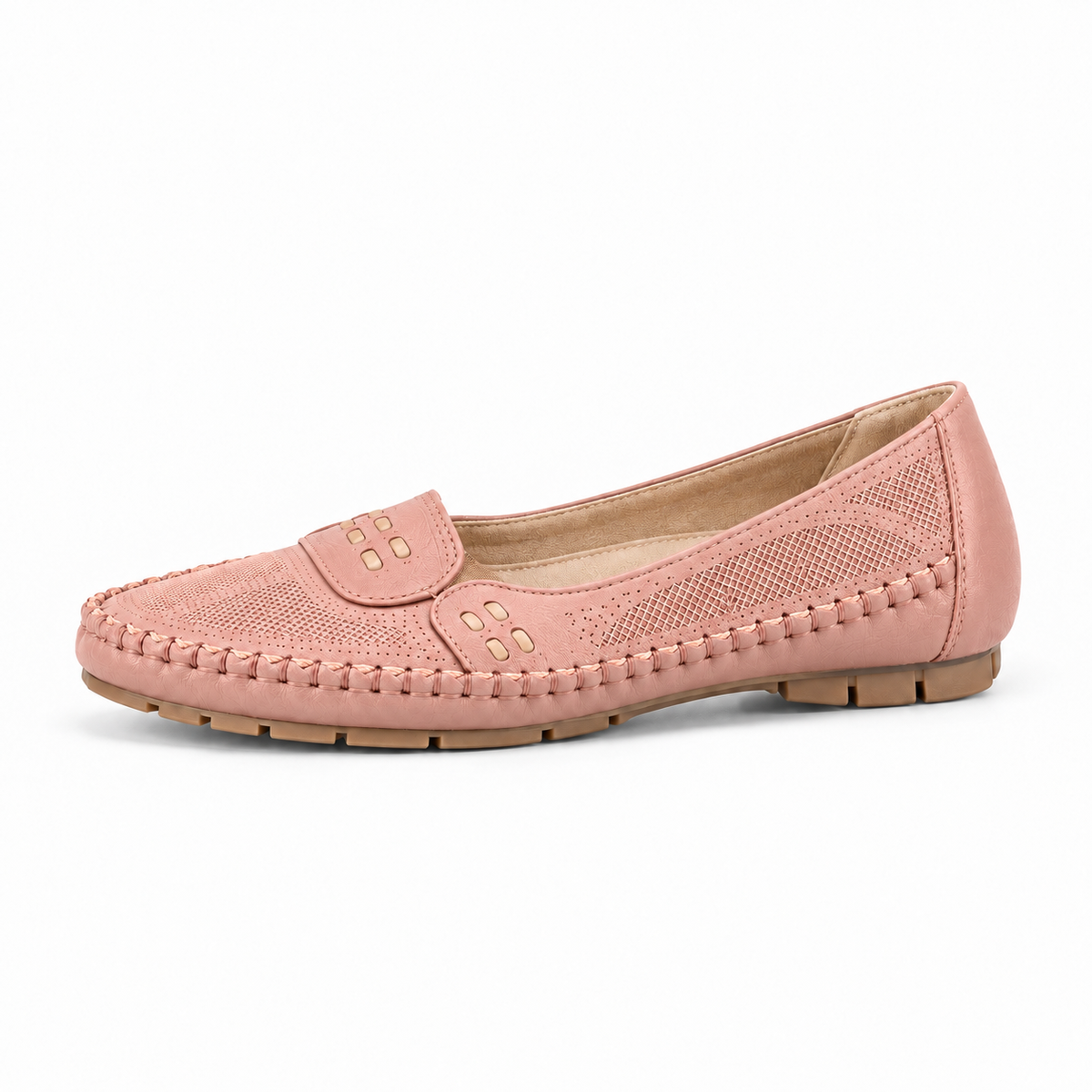 Pink womens Mary Jane square toe ballet flats side view with breathable mesh panels
