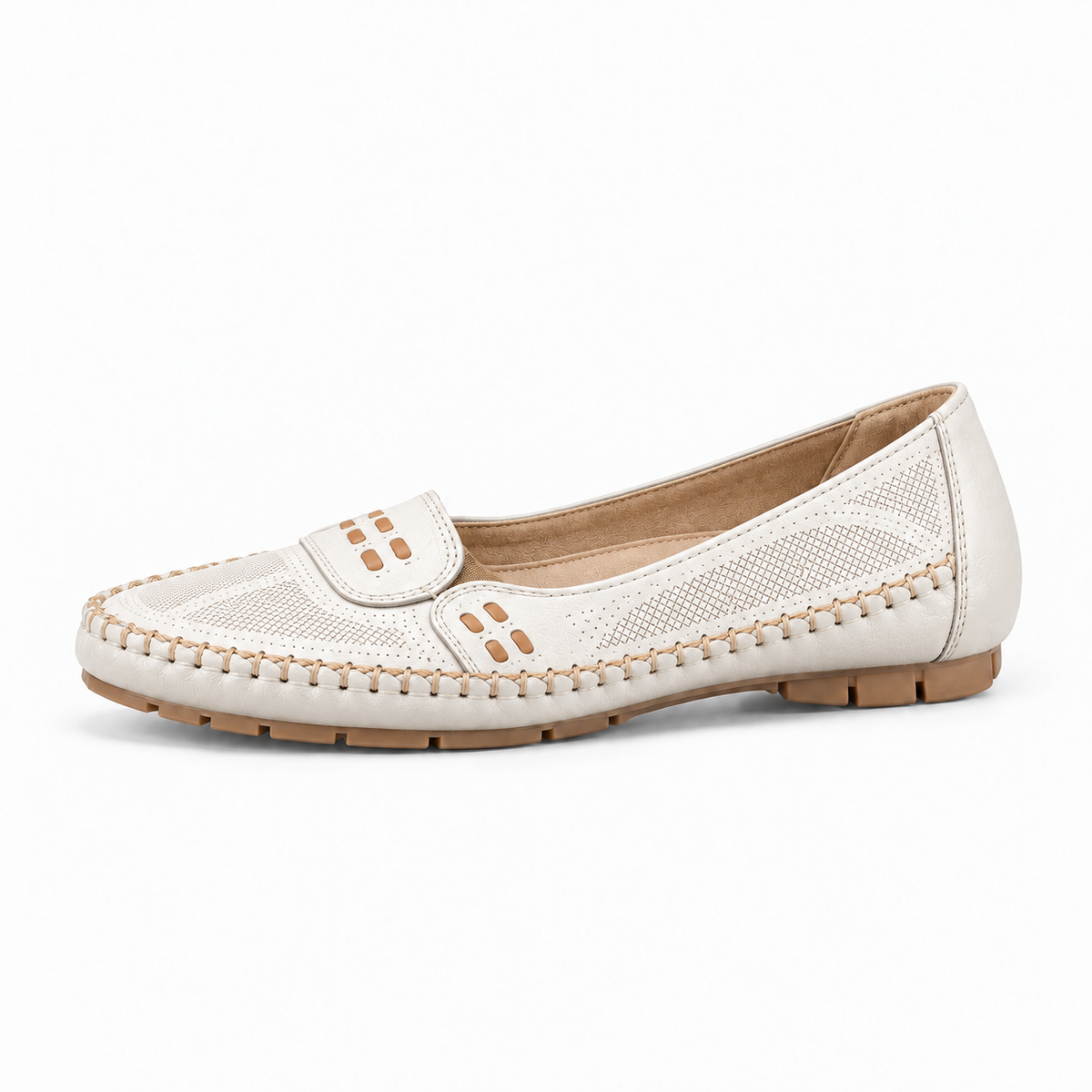 White womens Mary Jane square toe ballet flats side view with breathable mesh panels