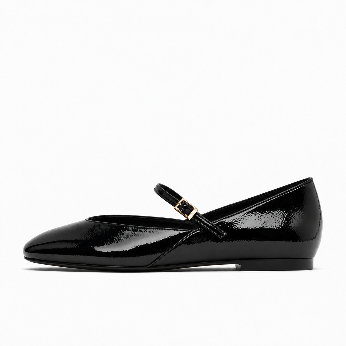 Black womens patent round toe ballet flats side view with glossy Mary Jane strap and gold buckle