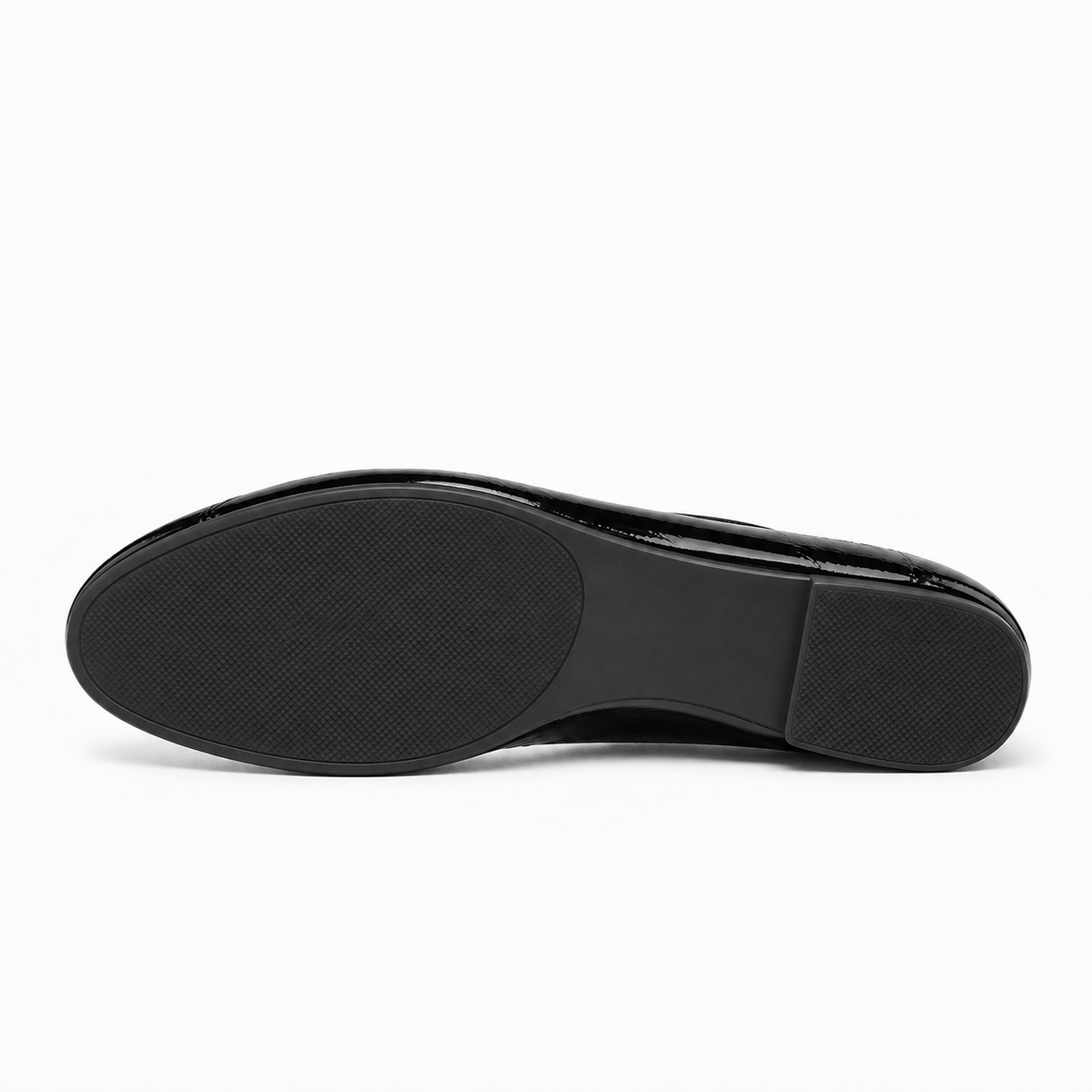 Black womens patent round toe ballet flats sole view with slim elegant outsole
