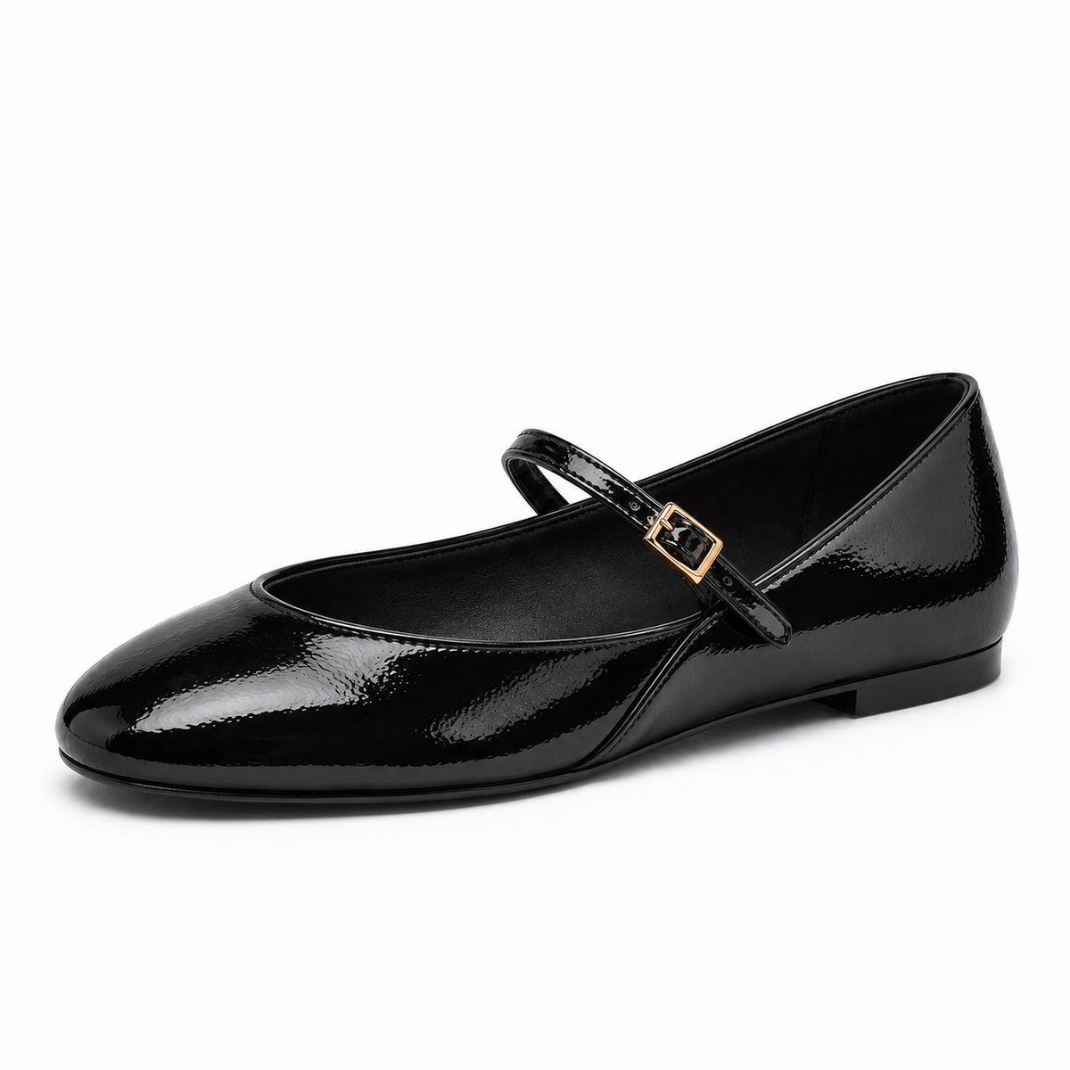 Black womens patent round toe ballet flats three quarter view with glossy patent finish