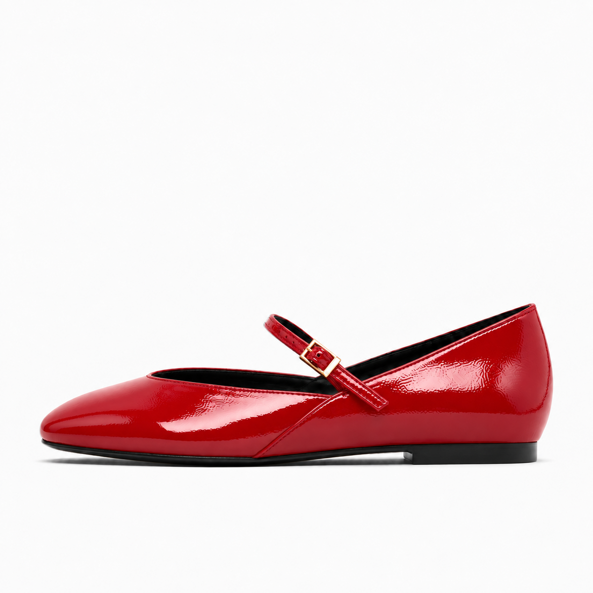 Red womens patent round toe ballet flats side view with glossy Mary Jane strap and gold buckle
