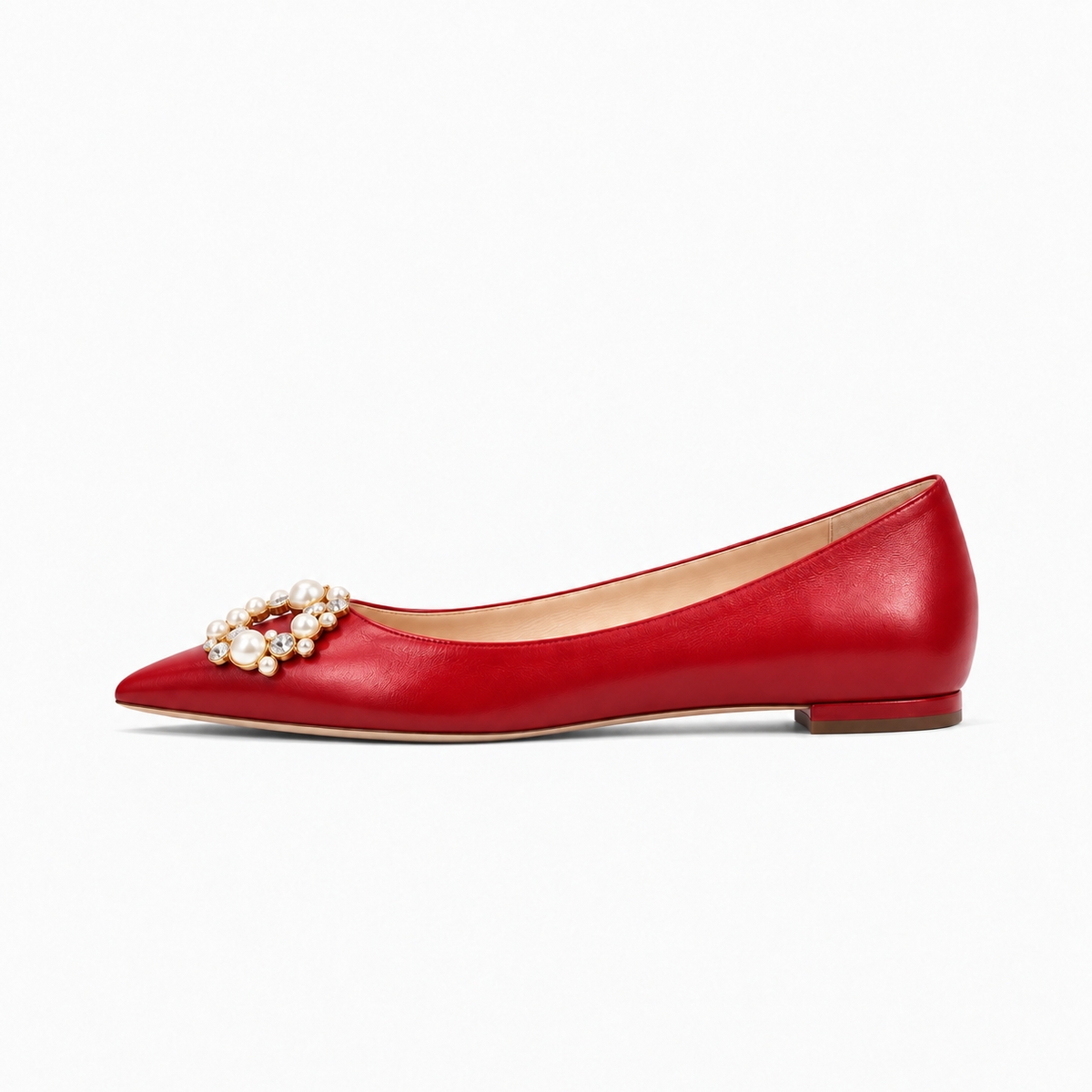 Red womens pearl crystal ballet flats side view with pointed toe and pearl embellishment