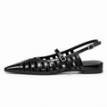 Womens Pointed Toe Ballet Flats Black - ballerines pointues noires en cuir verni ajoure avec brides cage et boucles argent, photo produit premium