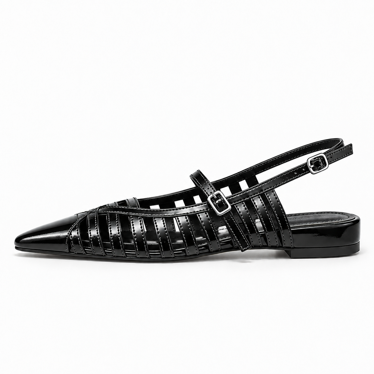 Womens Pointed Toe Ballet Flats Black - ballerines pointues noires en cuir verni ajoure avec brides cage et boucles argent, photo produit premium
