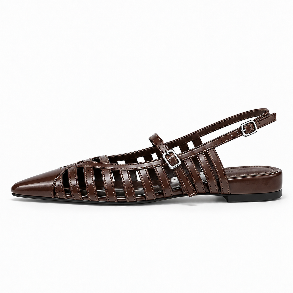 Womens Pointed Toe Ballet Flats Brown - ballerines pointues marron en cuir verni ajoure avec brides cage, semelle fine noire et boucles argent