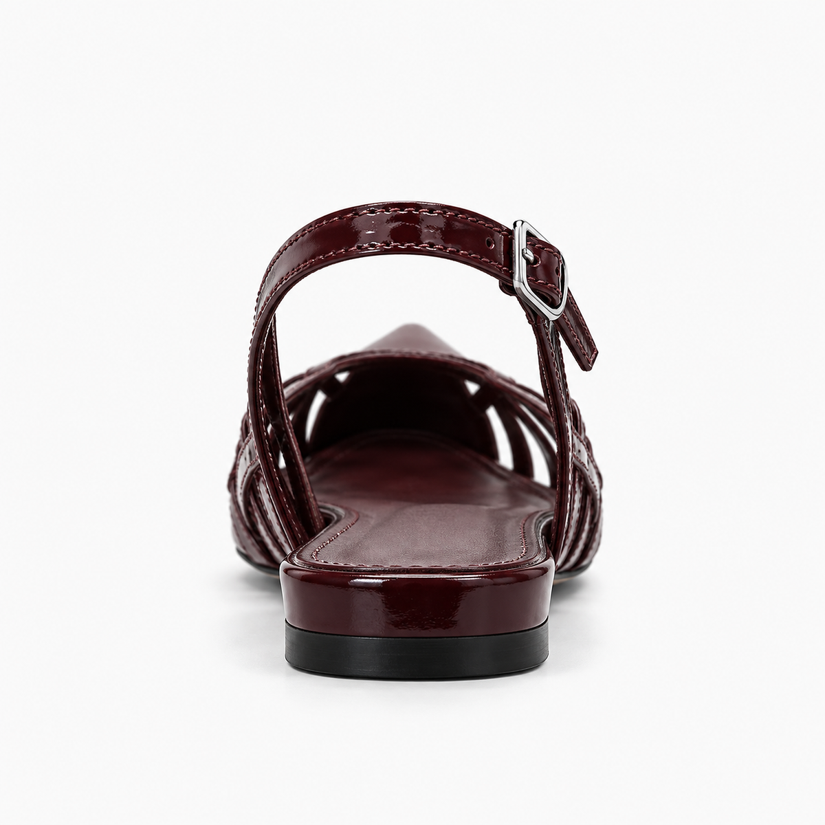 Womens Pointed Toe Ballet Flats Burgundy vue arriere - slingback bordeaux verni avec bride ajustable et semelle fine noire