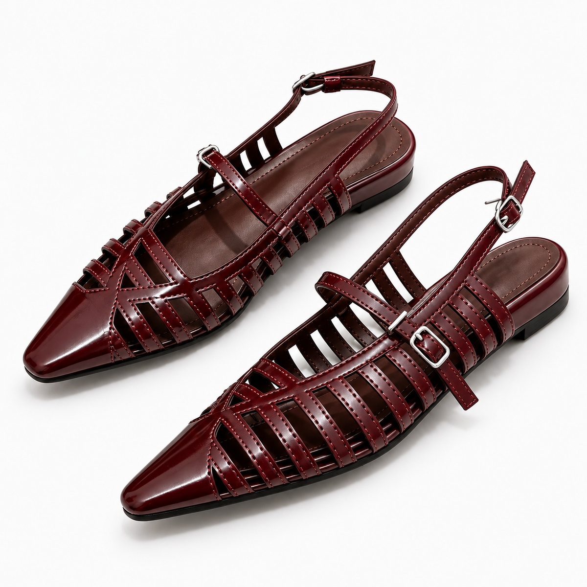 Womens Pointed Toe Ballet Flats Burgundy paire premium - ballerines pointues bordeaux ajourees en cuir verni avec brides cage