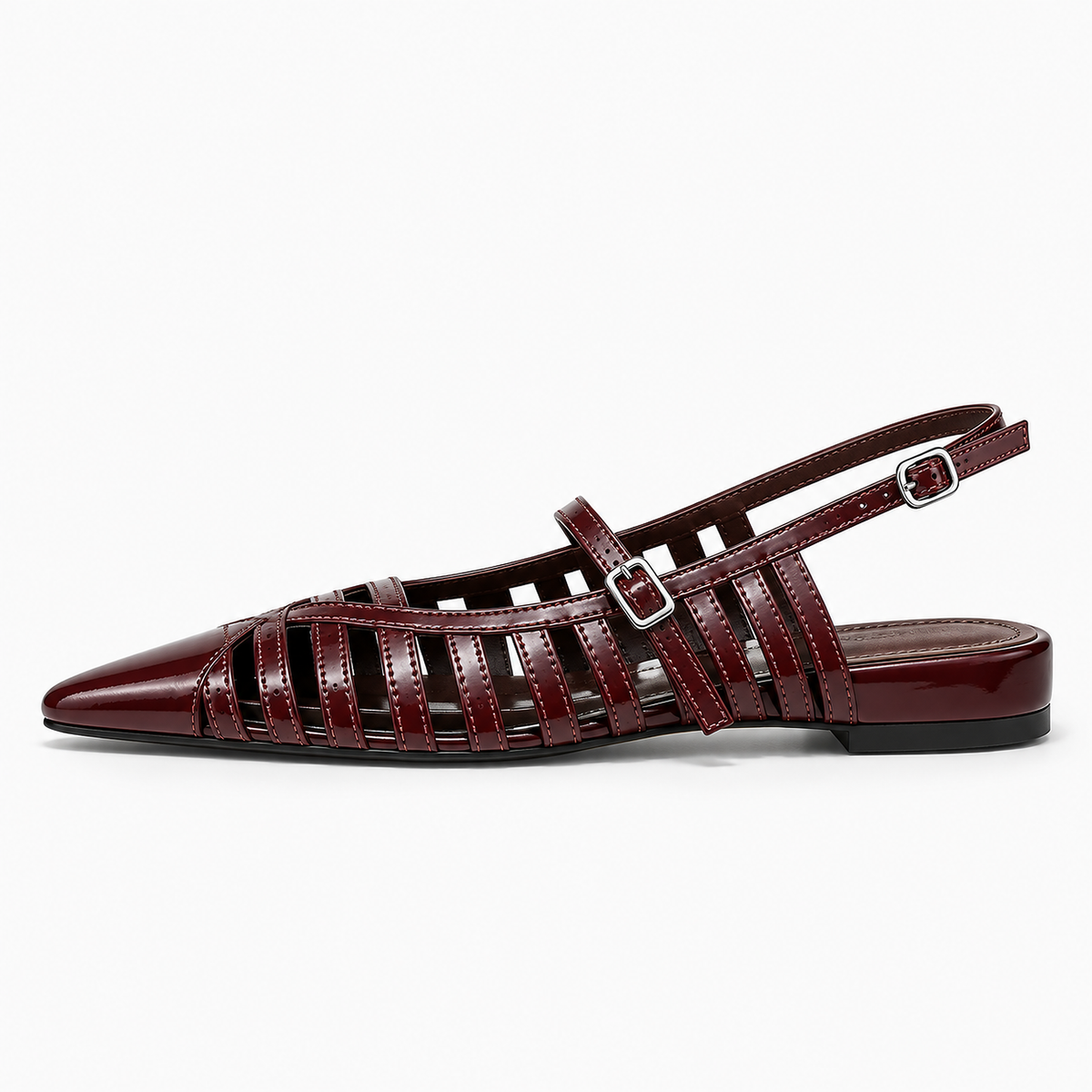 Womens Pointed Toe Ballet Flats Burgundy - escarpins plats pointus bordeaux en cuir verni ajoure avec brides et boucles argent, photo produit premium