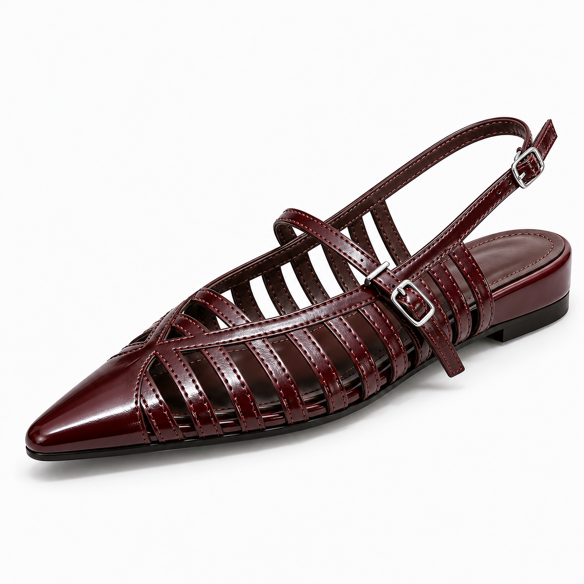 Womens Pointed Toe Ballet Flats Burgundy angle trois quarts - ballerine slingback bordeaux brillante avec brides ajourees et boucle argent