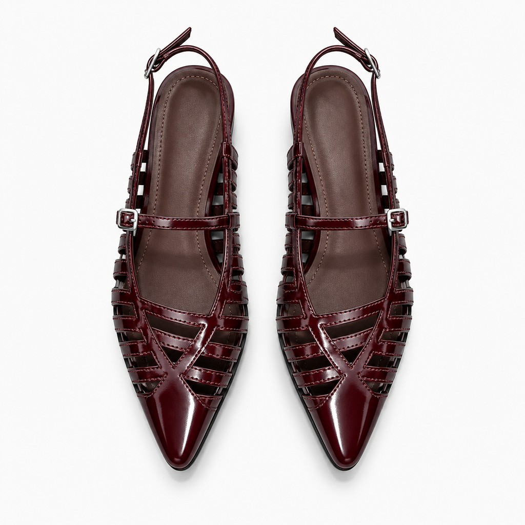Womens Pointed Toe Ballet Flats Burgundy vue dessus - paire de ballerines pointues bordeaux ajourees en cuir verni avec boucles argent