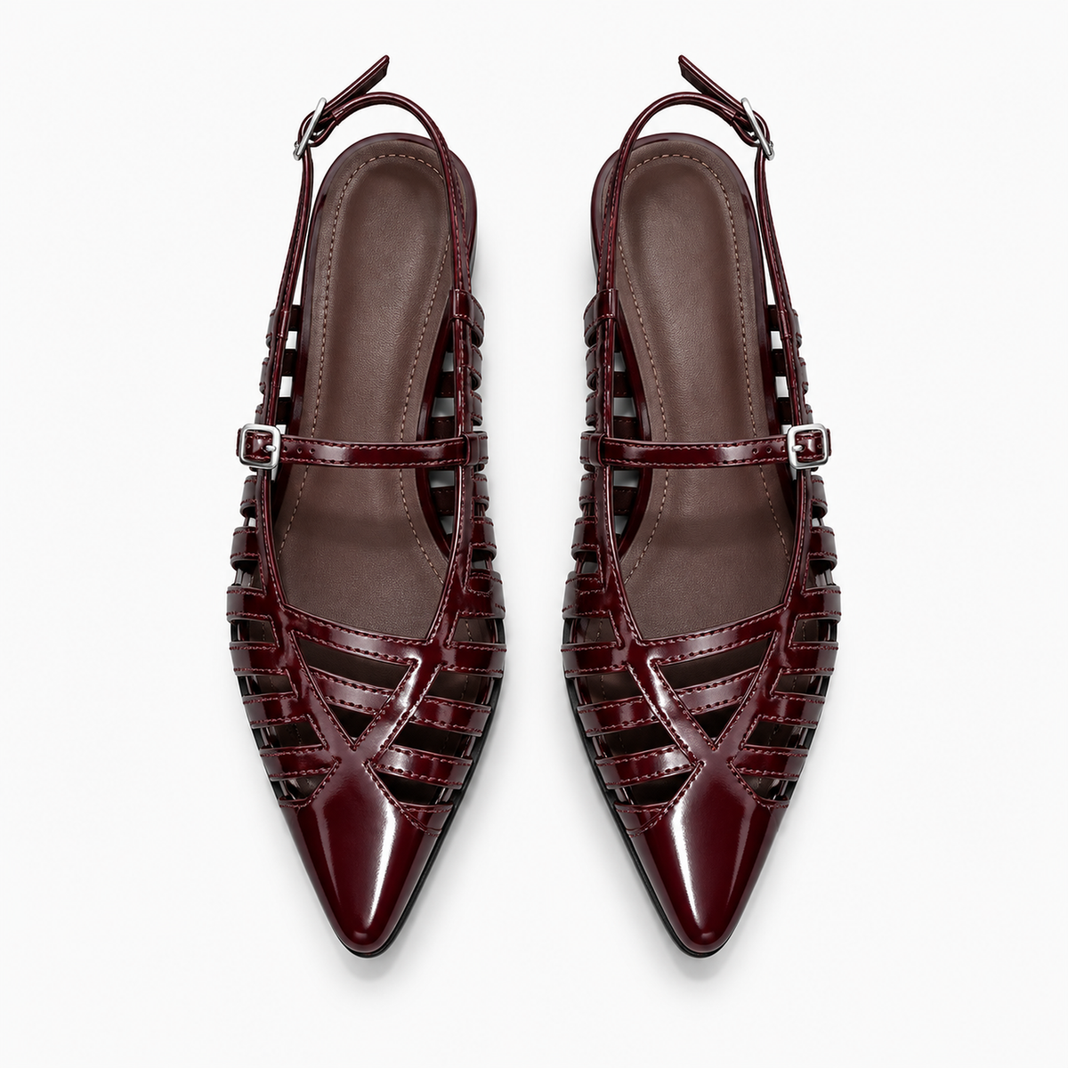 Womens Pointed Toe Ballet Flats Burgundy vue dessus - paire de ballerines pointues bordeaux ajourees en cuir verni avec boucles argent