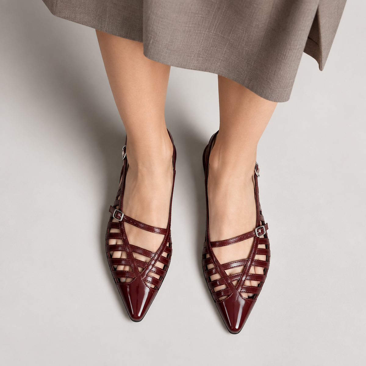 Womens Pointed Toe Ballet Flats Burgundy portees - ballerines pointues bordeaux ajourees avec brides, style elegant premium pour femme