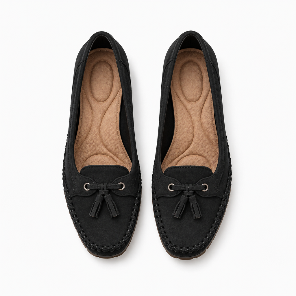 Pair of black soft sole walking loafers shown from above