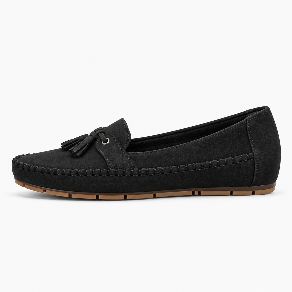 Black soft sole walking loafers side view on a clean studio background