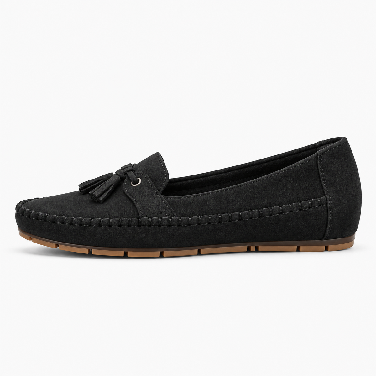 Black soft sole walking loafers side view on a clean studio background