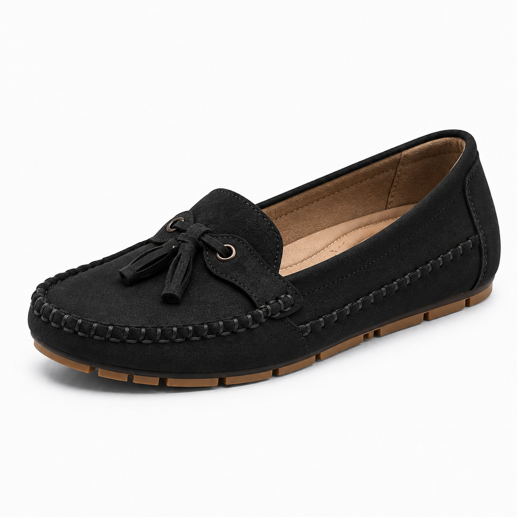 Black soft sole walking loafers three-quarter studio view