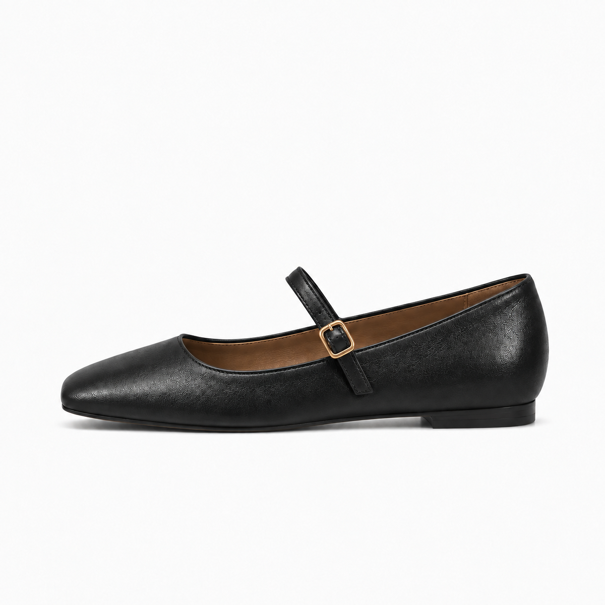Black Womens Square Toe Mary Jane Flats - leather ballet flat with strap and gold buckle, premium side view
