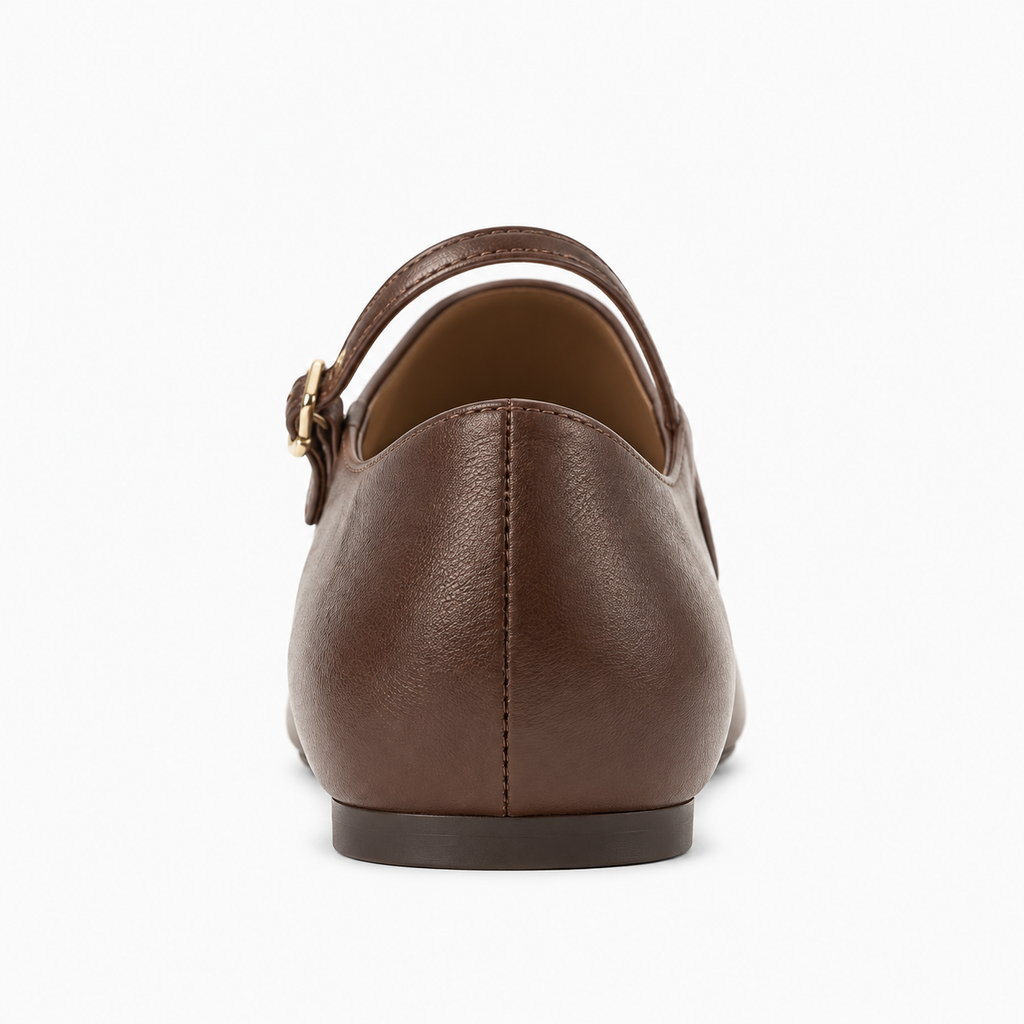 Brown Womens Square Toe Mary Jane Flats back view - low heel leather flat with clean stitching