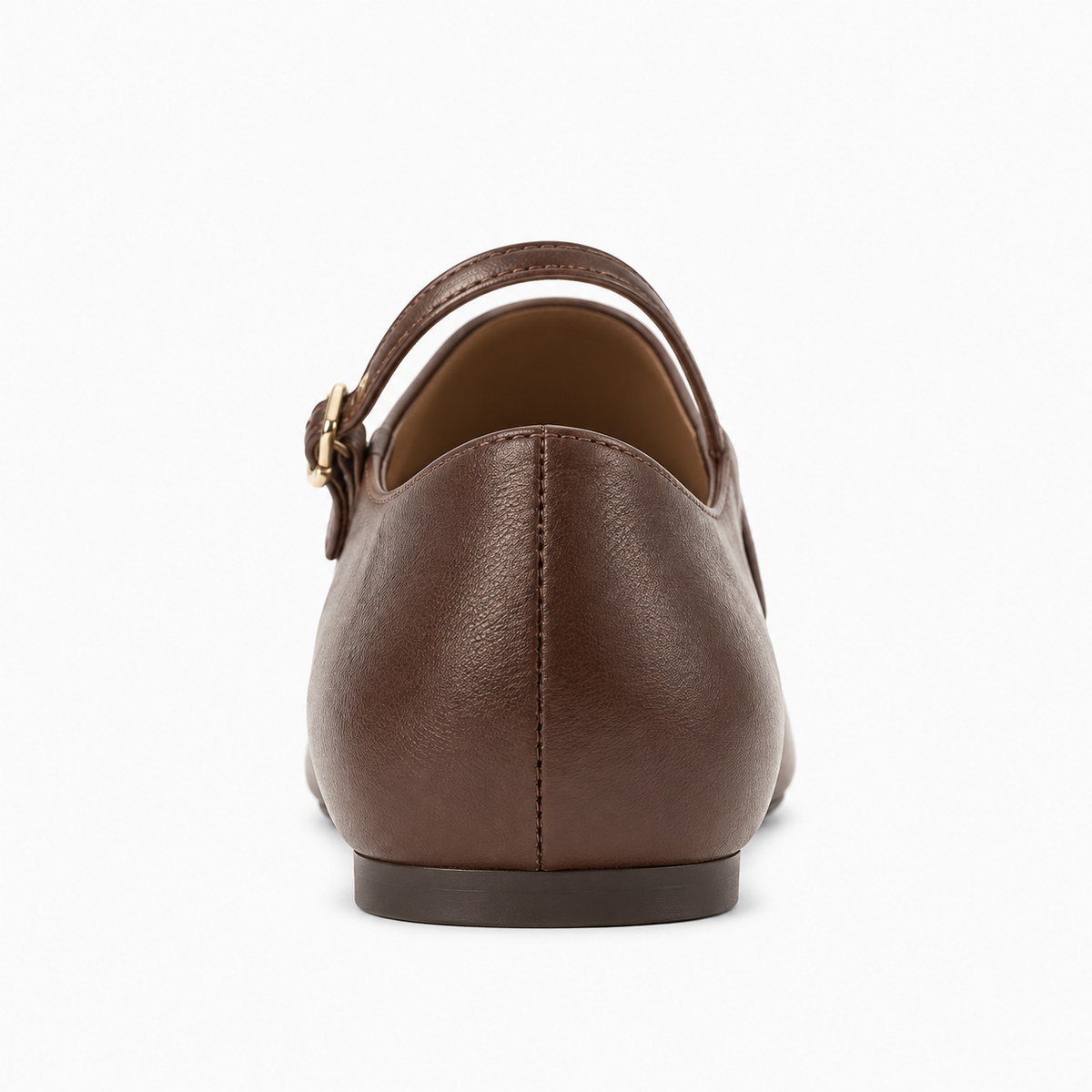 Brown Womens Square Toe Mary Jane Flats back view - low heel leather flat with clean stitching