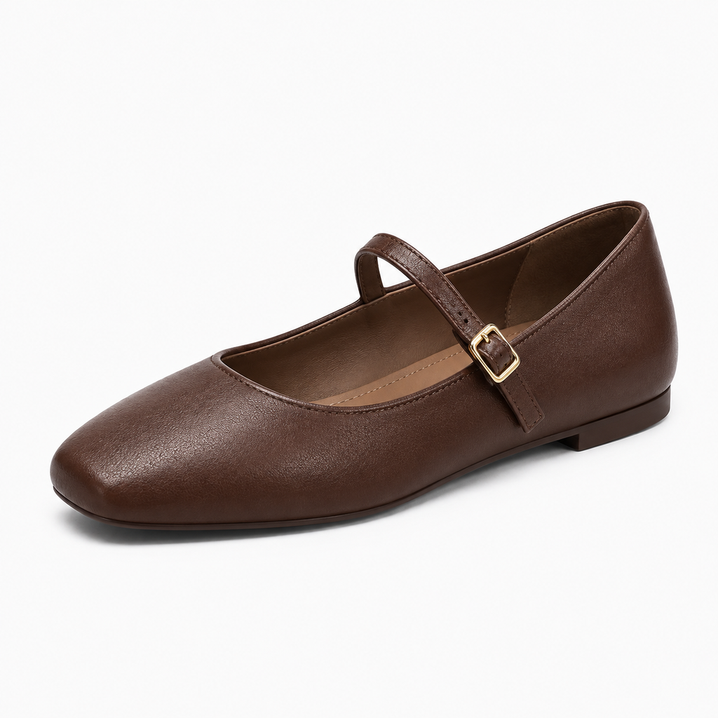 Brown Womens Square Toe Mary Jane Flats close angle view - square toe leather Mary Jane shoe