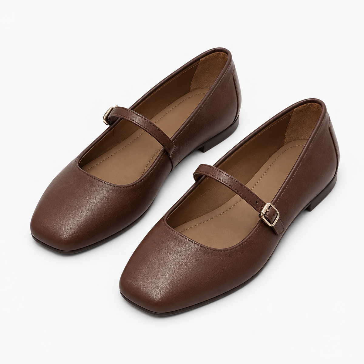 Brown Womens Square Toe Mary Jane Flats pair angle view - premium leather flats with buckle strap
