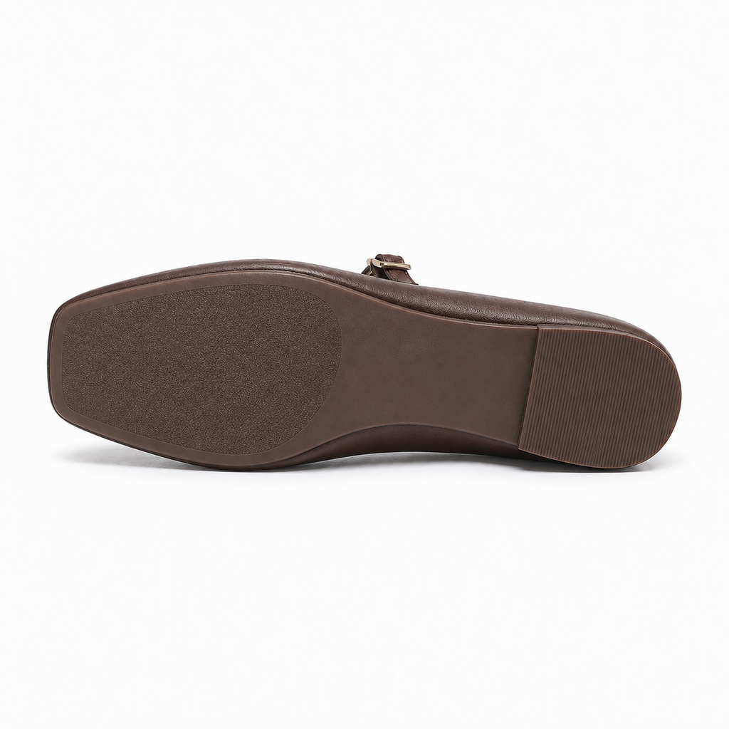 Brown Womens Square Toe Mary Jane Flats refined sole view - slim square toe, low flat sole and elegant leather ballet shoe