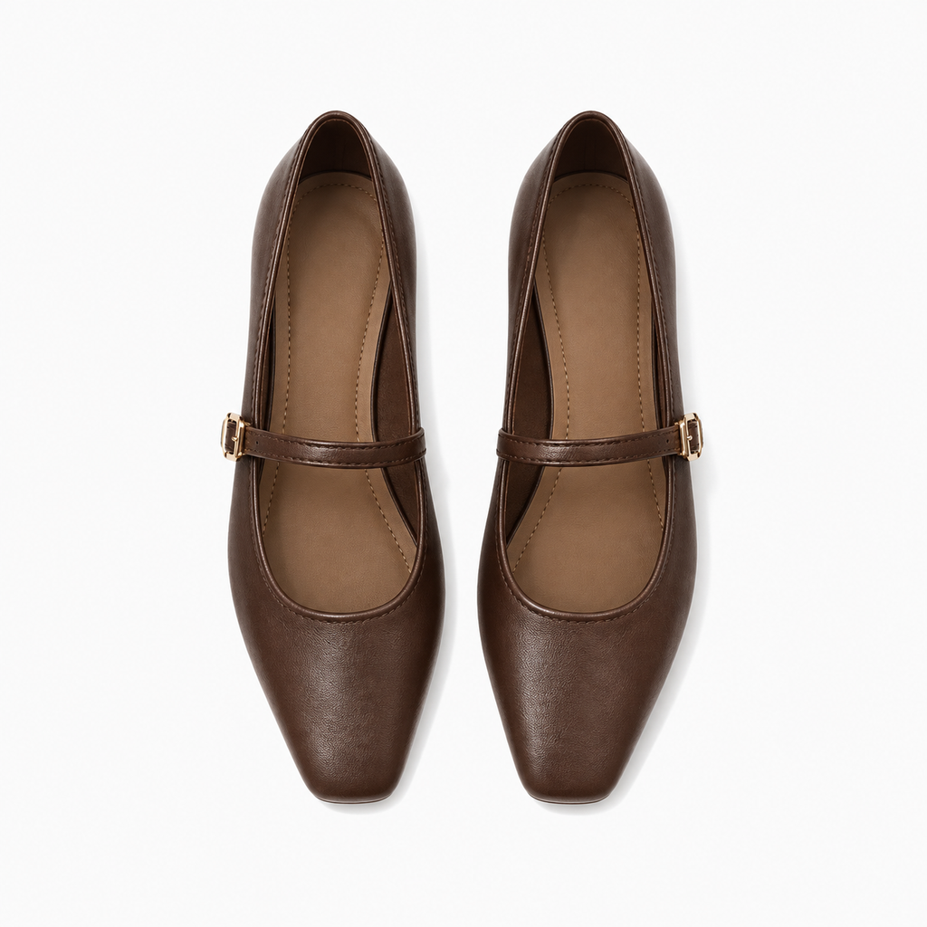 Brown Womens Square Toe Mary Jane Flats pair top view - square toe leather flats with Mary Jane strap