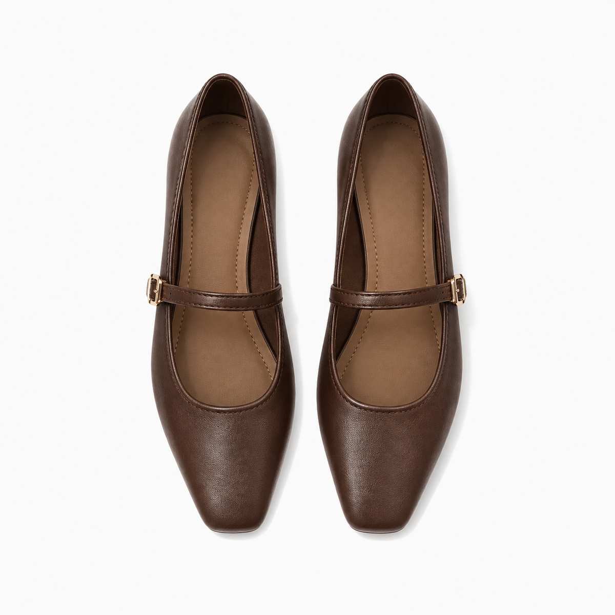 Brown Womens Square Toe Mary Jane Flats pair top view - square toe leather flats with Mary Jane strap