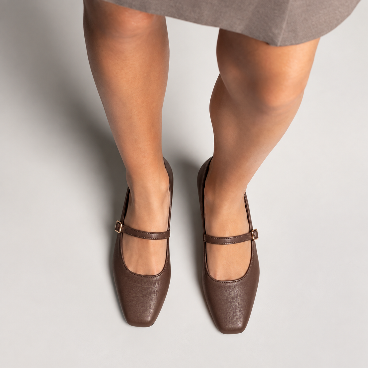 Brown Womens Square Toe Mary Jane Flats worn with elegant outfit - premium lifestyle styling